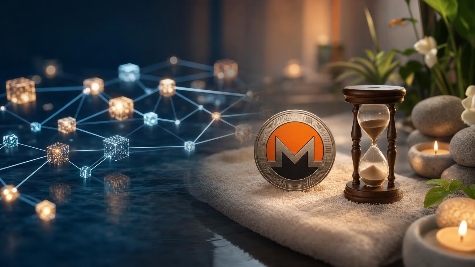Monero transaction moving through a blockchain confirmation queue while an exchange order waits for deposit verification and payout processing